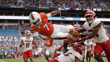 Nov 18, 2023; Miami Gardens, Florida, USA; Miami Hurricanes wide receiver Xavier Restrepo (7) is a future prospect at the WR position. 