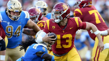 Nov 18, 2023; Los Angeles, California, USA; USC Trojans quarterback Caleb Williams (13) scrambles against UCLA earlier this season. 