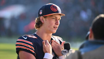 Oct 22, 2023; Chicago, Illinois, USA;  Chicago Bears quarterback Tyson Bagent (17) is interviewed