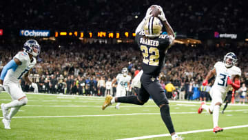 Sep 10, 2023; New Orleans, LA, USA; New Orleans Saints wide receiver Rashid Shaheed (22) scores a