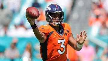 Sep 24, 2023; Miami Gardens, Florida, USA;  Denver Broncos quarterback Russell Wilson (3) dropes