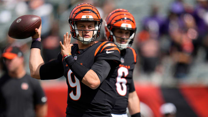 Cincinnati Bengals quarterback Joe Burrow (9) throws during warm ups prior to a Week 2 NFL football