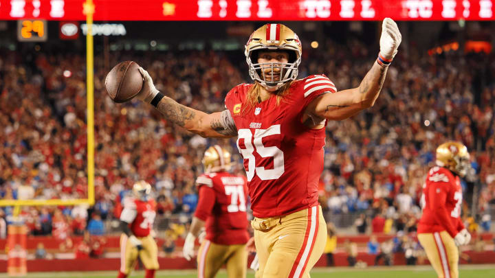 Jan 28, 2024; Santa Clara, California, USA; San Francisco 49ers tight end George Kittle (85) reacts after a play against the Detroit Lions during the second half of the NFC Championship football game at Levi's Stadium. Mandatory Credit: Kelley L Cox-USA TODAY Sports