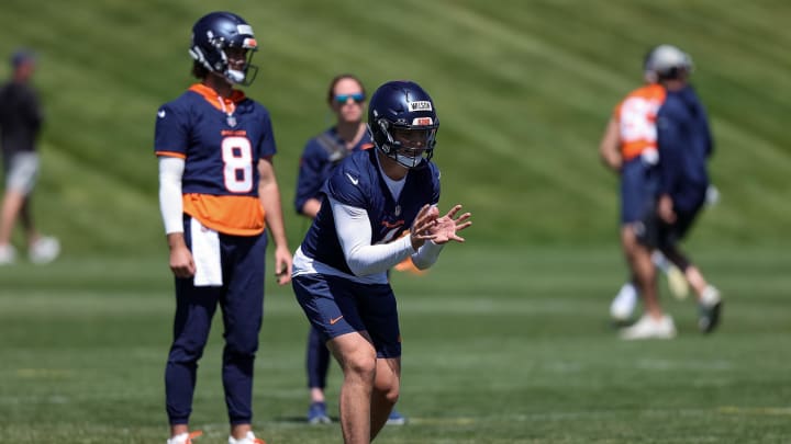 May 23, 2024; Englewood, CO, USA; Denver Broncos quarterback Zach Wilson (4) during organized team activities at Centura Health Training Center. Mandatory Credit: Isaiah J. Downing-USA TODAY Sports