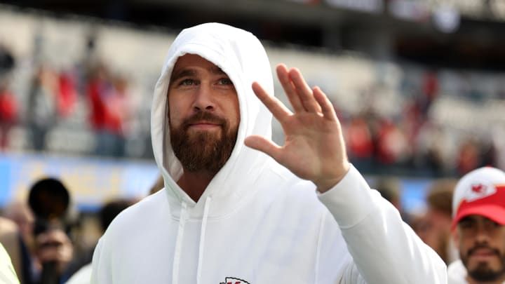 Jan 7, 2024; Inglewood, California, USA;  Kansas City Chiefs tight end Travis Kelce (87) waves to someone in the stands. 